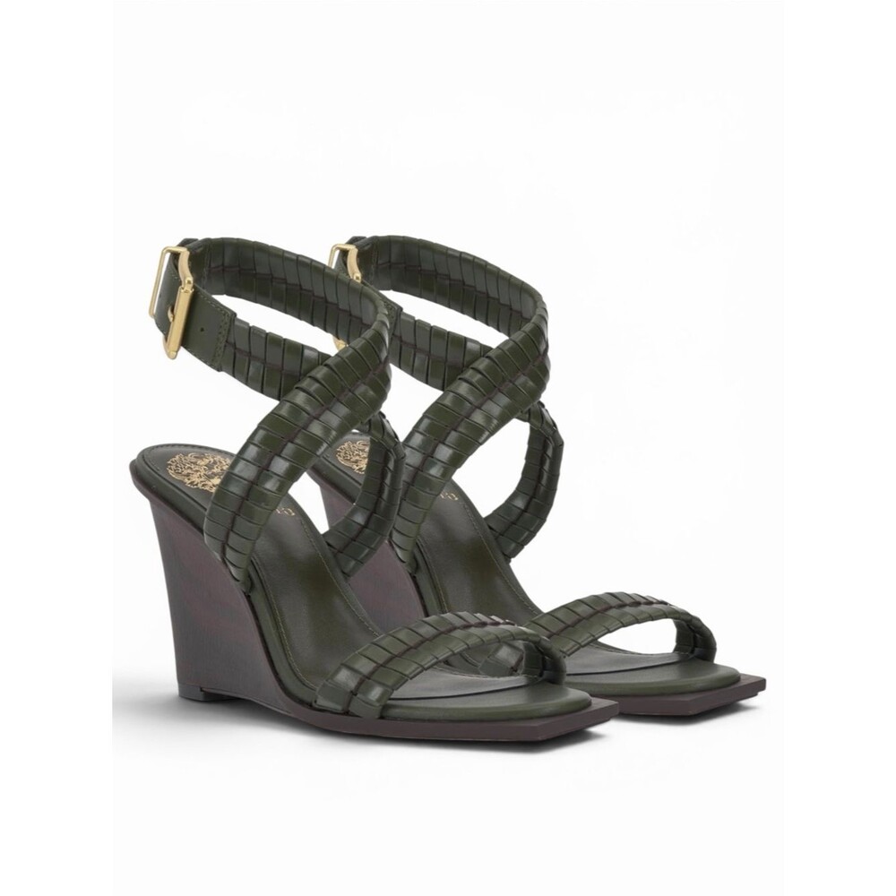 Vince Camuto Elynna Woven Cross Strap Buckle Wedge Sandals Olive Green 5.5 NEW